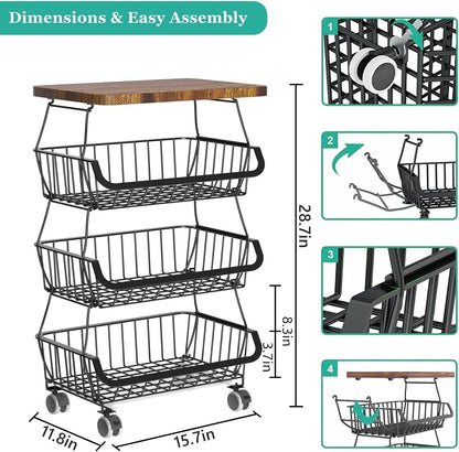 CHLORYARD Fruit Basket with Wooden Lid for Kitchen, 4-Tier Stackable Wire Fruit Vegetable Storage Basket Organizer Stand on Wheel, Produce Basket Potato Onion Storage Bins Rack Cart for Pantry