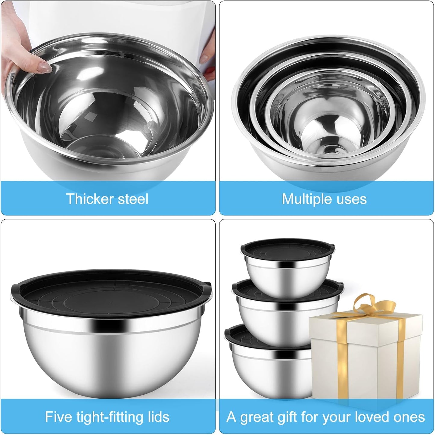 Mixing Bowls with Airtight Lids Set of 3, Stainless Steel Mixing Bowls, Nesting Salad Bowl for Prepping, Serving, Cooking, Kitchen, 4.5/2.5/1.5QT, Black