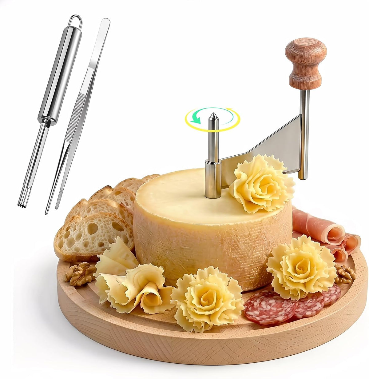 Girolle Cheese Curler for Tete de Moine, Cheese Flower Cutter with Center Hole Tool & Tweezers, Wood Cheese Shaver for Parmesan & Chocolate, Charcuterie Board Accessories & Gifts