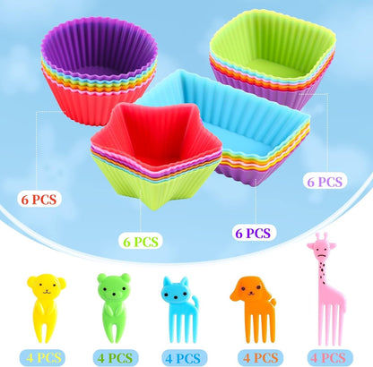 Silicone Lunch Box Dividers,24 pcs Bento Box Dividers with 20 Animal Picks,Silicone Bento Box Inserts,Cupcake Baking Cups,Muffin Pan Liners,Reusable and BPA Free