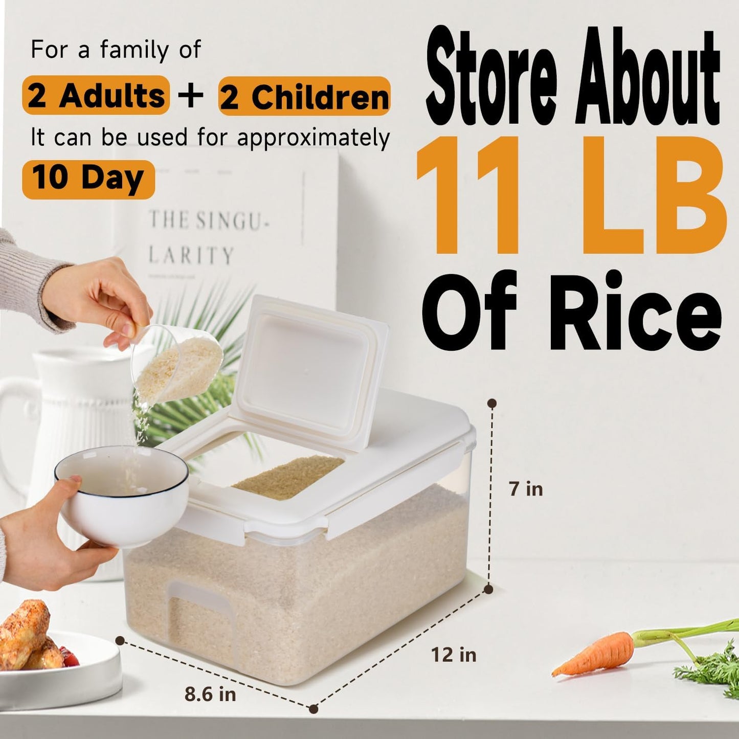 LivLab Mker Rice Storage Container 20 lbs & 10 lbs - 15 lbs & 7.5 lbs Flour Dispenser with Wheel & Measuring Cup, Kitchen Prganizers for Dry Food Storage Container, White