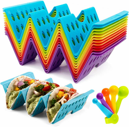 Premium Taco Holder Stand, Colorful Large Taco Holders Set of 6 or 4, Taco Stands for 3 Tacos for Soft/Hard Shells, Street Taco Rack with Plates & Tray, Dishwasher & Microwave Safe