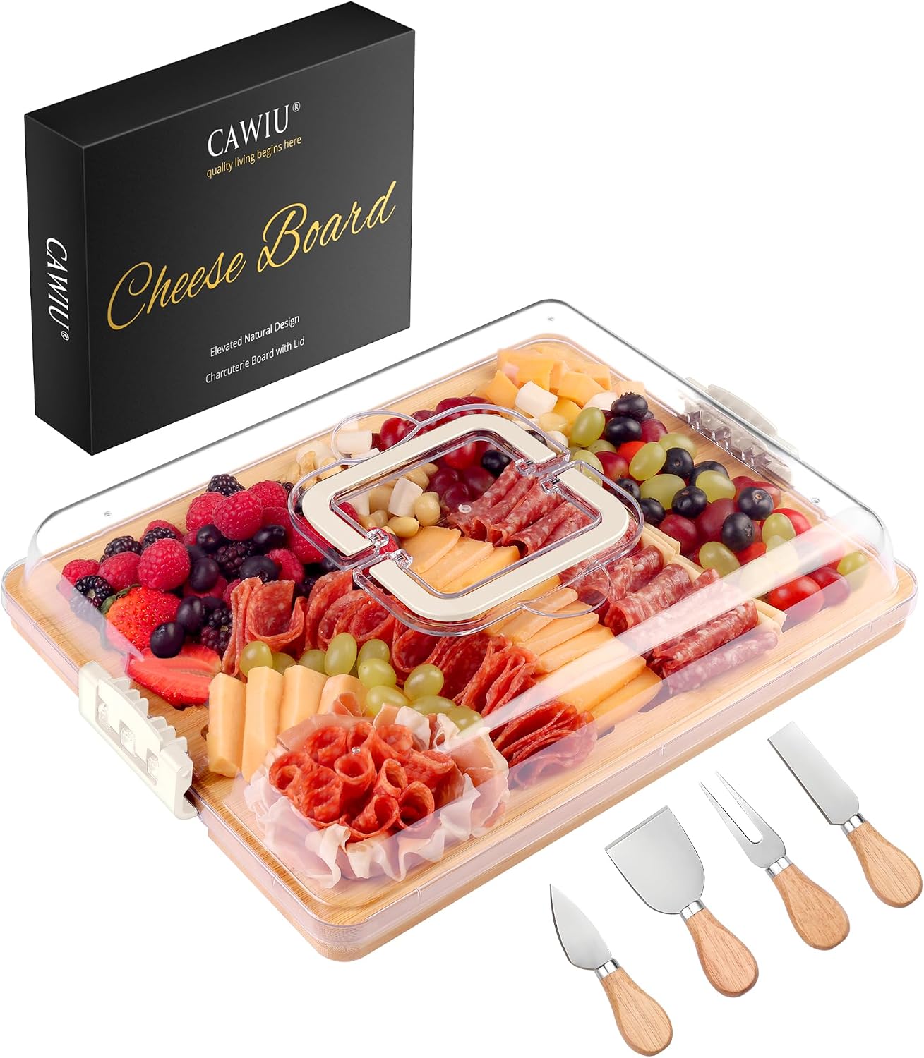 CAWIU Portable Travel Charcuterie Board with Lid and Handle - Large Bamboo Cheese Board with 4 Cheese Knife Set for Outdoor, Picnics - Weddings, House Warming Gift for Women (1 Compartment, White)