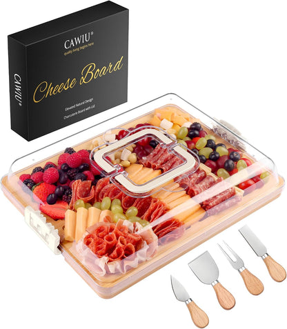CAWIU Portable Travel Charcuterie Board with Lid and Handle - Large Bamboo Cheese Board with 4 Cheese Knife Set for Outdoor, Picnics - Weddings, House Warming Gift for Women (1 Compartment, White)
