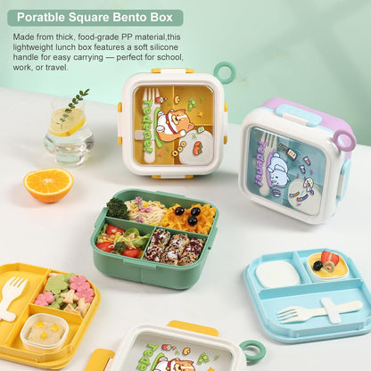 SAYAPE Kids Bento Lunch Box - Toast-Shaped 4-Compartment Lunchable Food Container with Sauce Cup, Utensils & Brush, BPA-Free, Reusable Snack Container with lid, Ideal for School & Travel - Blue