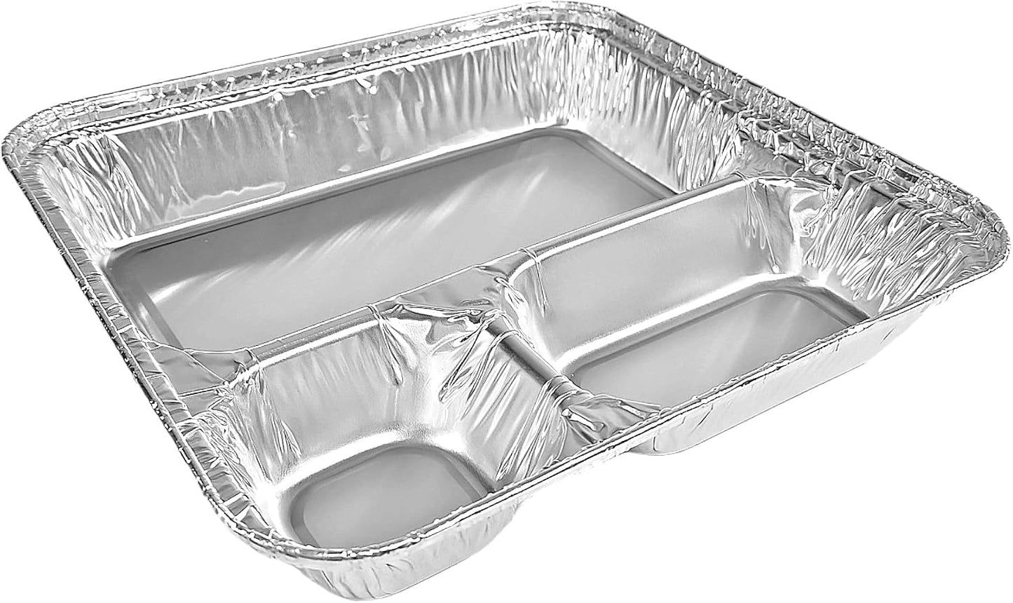 PACTOGO Large 3-Compartment Oblong Aluminum Foil Take-Out Pan Senior Feeding TV Dinner Entrée Tray w/Board Lid (Pack of 10 Sets)