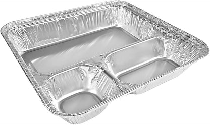 PACTOGO Large 3-Compartment Oblong Aluminum Foil Take-Out Pan Senior Feeding TV Dinner Entrée Tray w/Board Lid (Pack of 10 Sets)