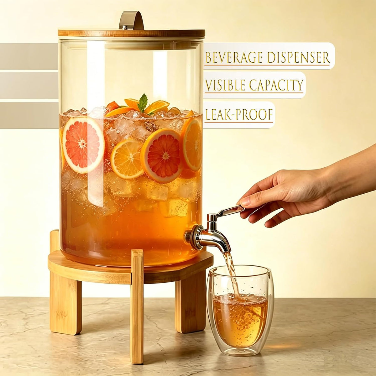 Beverage Dispenser, 4Gallon Glass Drink Dispenser with Stand, Stainless Steel Spigot, Ideal for Parties, Bars, Restaurants (15L/4 Gallon)