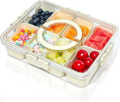 Divided Serving Tray with Lid and Handle,8 Compartments Snacks Box,Snack Fruit Tray,Veggie Tray,Portable Platter for Candy Fruits Nuts Snack Party Entertaining Picnic (2PCS Pink)