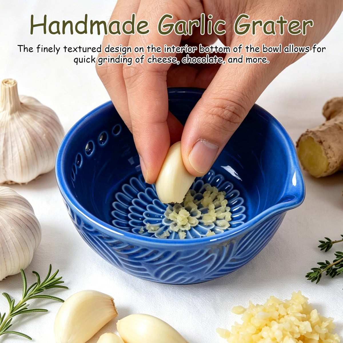 Grater Plate, 3 in 1 Handmade Tool Ceramic Bowl with Herb Stripper (Gray)