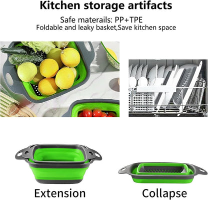 2 PCS Collapsible Colander, Collapsible Strainers for Kitchen, 11.5 inch Silicone Strainer and 9.5 inch Silicone Colander for Draining Vegetable fruit, Kitchen Food Strainer, Blue (Green)