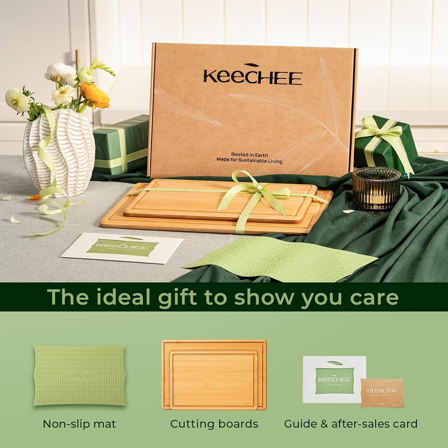 Keechee Cutting Board with Non-slip Mat, Bamboo Cutting Board for Kitchen Meal Prep & Serving - Wood Serving Board Set with Deep Juice Groove Ideal Kitchen Gifts