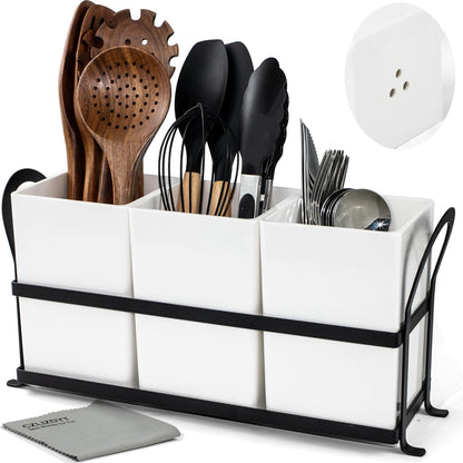 Czlizdyt Cutlery Holder with Drain Holes, Silverware Caddy for Party Countertop, 3pcs Bins Set Utensil Holders for Spoon and Fork, White