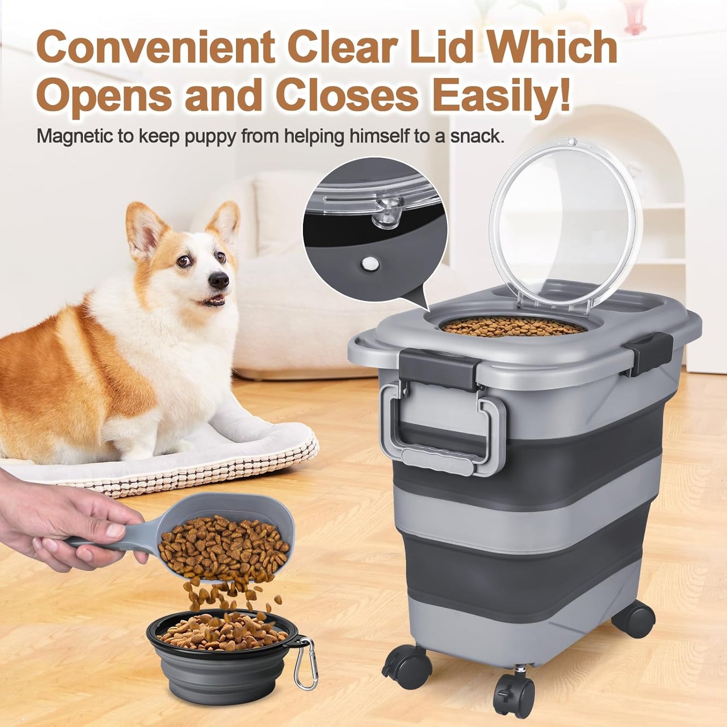 Dog Food Storage Container，10-25 lbs Airtight Collapsible Cat Food Storage Container with Attachable Wheels, Portable Handle, Dog Food Scoop for Dog Cat Bird Pet Dry Food Storage Bin Light Grey