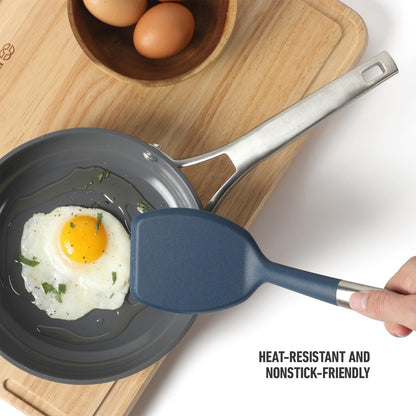 Calphalon Slotted Turner, Kitchen Flipping Spatula, Slotted Spatula, Stainless Steel Turner with Silicone Heat Resistance Handle, Nonstick-Safe Spatula for Draining and Flipping (Navy)