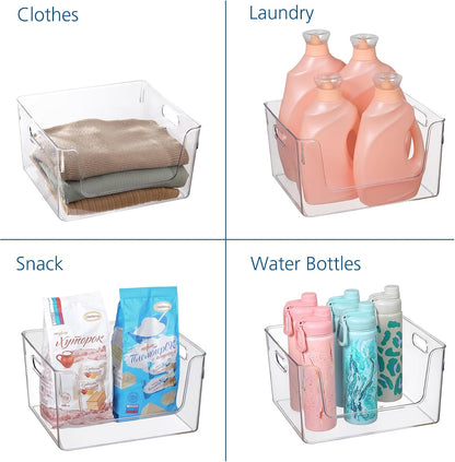 3 Pack Clear Glossy Plastic Open Front Storage Bins, Adult Single Size Easy Reach Organizer Containers for Closet, Pantry, Bathroom Cabinet, Cosmetics & Household Supplies