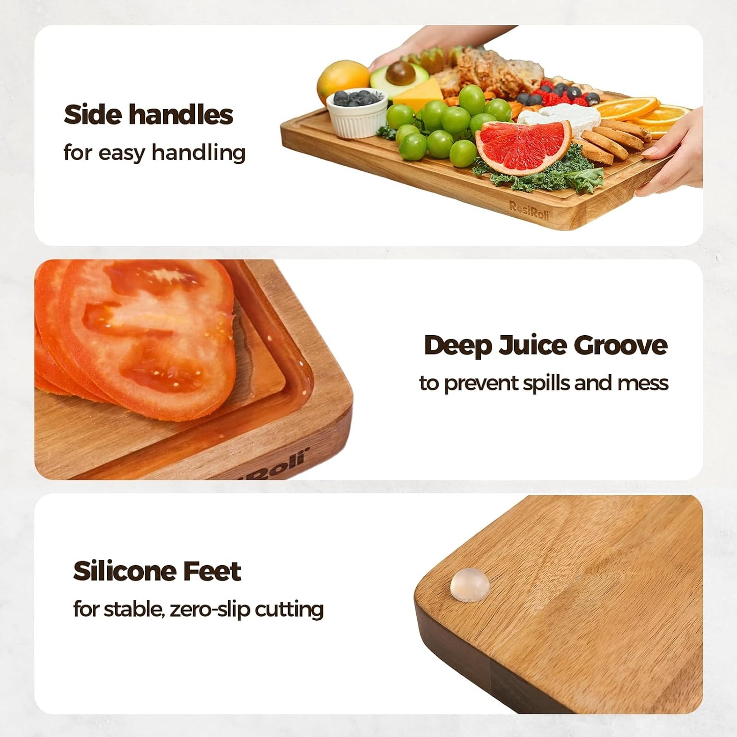 Acacia Wood Cutting Board for Kitchen, Set of 3 - Durable Thick Chopping Boards with Juice Grooves & Handles for Prep & Serving, Impressive Gift for Housewarming, Christmas, and Home Chefs
