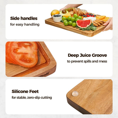 Acacia Wood Cutting Board for Kitchen, Set of 3 - Durable Thick Chopping Boards with Juice Grooves & Handles for Prep & Serving, Impressive Gift for Housewarming, Christmas, and Home Chefs