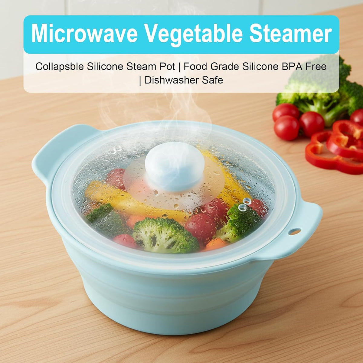 42oz Silicone Microwave Steamer, Collapsible Vegetable Steamer, Heat-Resistant Cooker with Steam Holes for Cooking Fresh & Frozen Vegetables Dumplings Steamed Buns