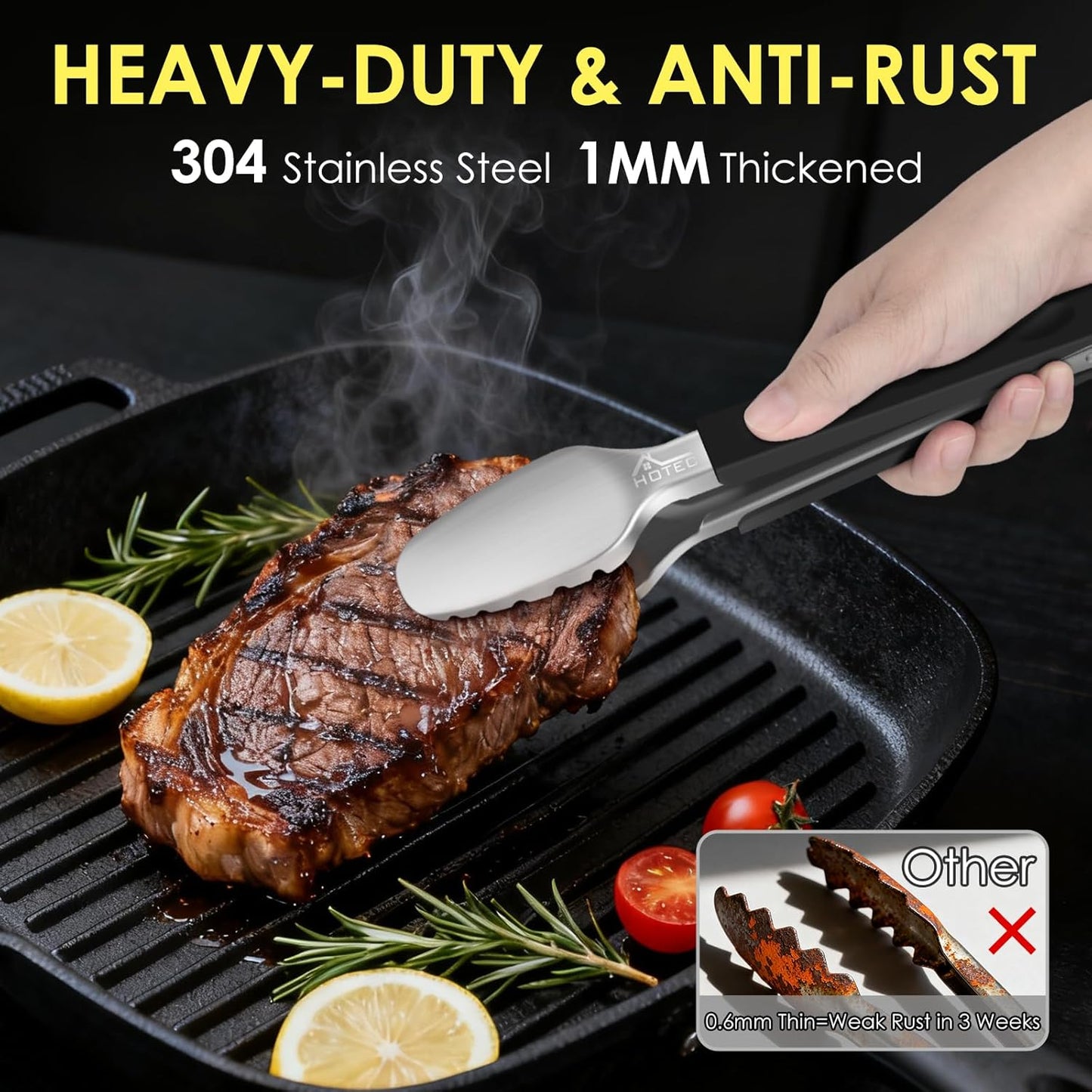 Hotec Stainless Steel Kitchen Tongs, Set of 3-7", 9" and 12", Locking Metal Food Tongs for Cooking, Serving, BBQ, Grill with Non-Slip Grip