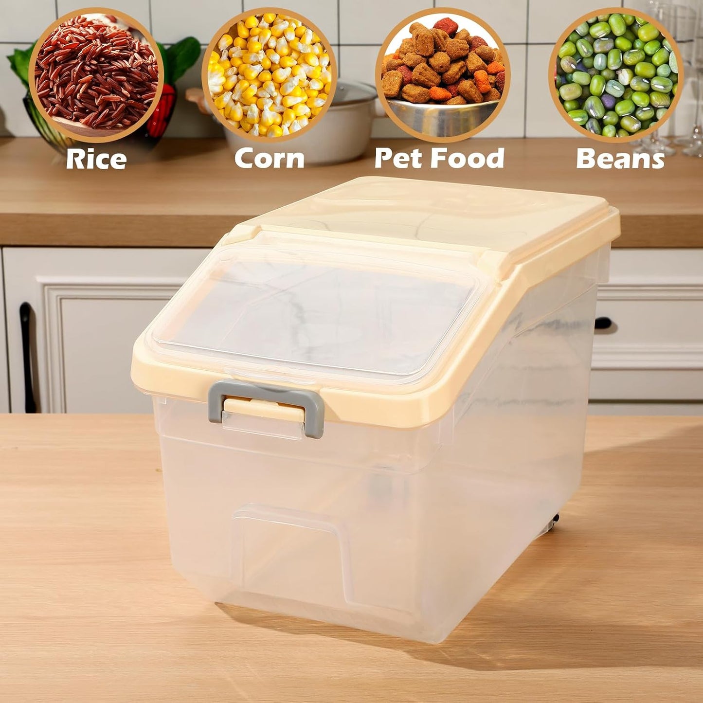 Sunnyray 4 Pcs Rice Storage Containers Bulk Flour Sugar Container Wheels Measuring Cups Set Airtight Pet Dog Cat Birds Food Bin Grain Cereal Organizer Box for Dry Baking (Beige,38 lb)