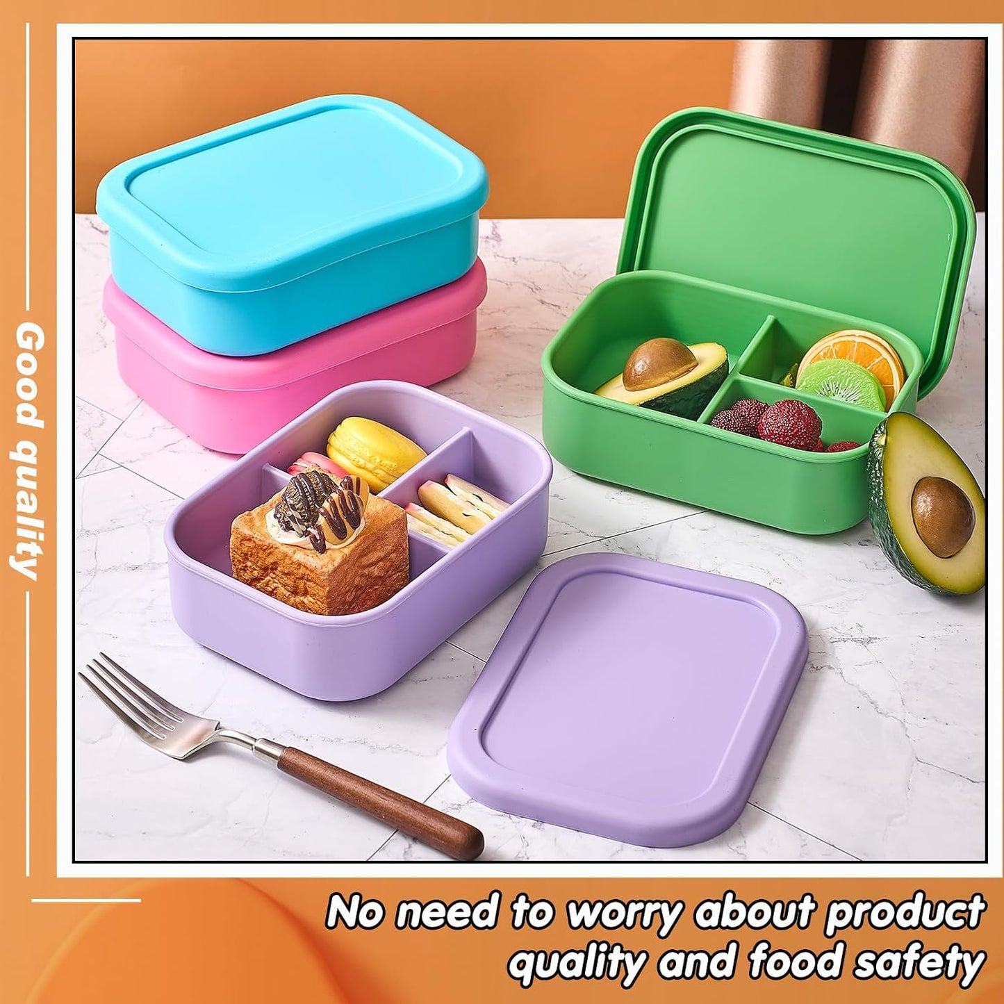 Layhit 4 Pcs Silicone Bento Box for Adults, 27 oz Bento Lunch Container Reusable 3 Compartment Lunchable Food Container for Women Men, Leak Proof Microwave Dishwasher Freezer Safe (Cool Colors)