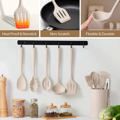 LIANYU 14 Pcs Silicone Kitchen Utensils Set with Holder, 446°F Heat Resistant Silicone Cooking Kitchen Utensils Spatula Set, Non-Stick & Dishwasher Safe Cooking Tools, Comfort Grip Handle, Black