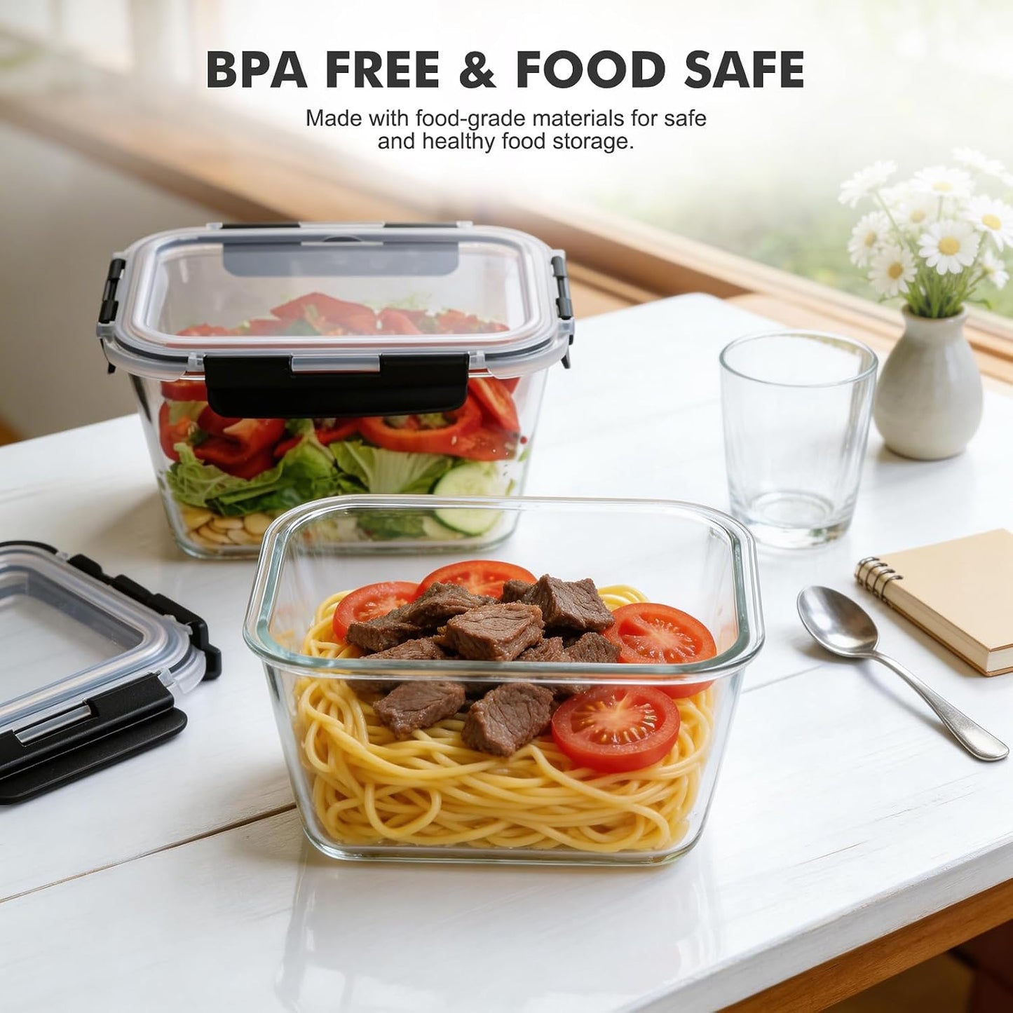 Liuruiyu 8 Pack 36OZ Glass Food Storage Containers with Lids, Meal Prep Containers, Airtight Bento Boxes with Leak Proof Locking for Microwave, Oven, Freezer and Dishwasher, BPA Free