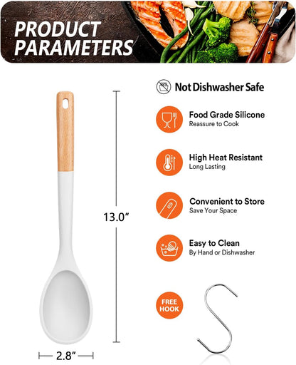 Large Silicone Cooking Spoons, Nonstick Solid Wooden Handle Spoon, Heat Resistan Silicone Kitchen Spoons for Cooking, Serving, Basting, Mixing, 13.2inch (Grey)