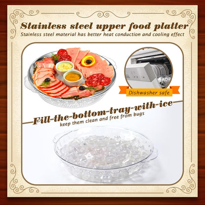Baderke 3 Set 11.8" Chilled Serving Tray for Parties with Compartments Ice Chilled Party Platter Charcuterie Serving Board Cold Dish Dip for Fruit Seafood Vegetable Shrimp Cocktail (Gold)