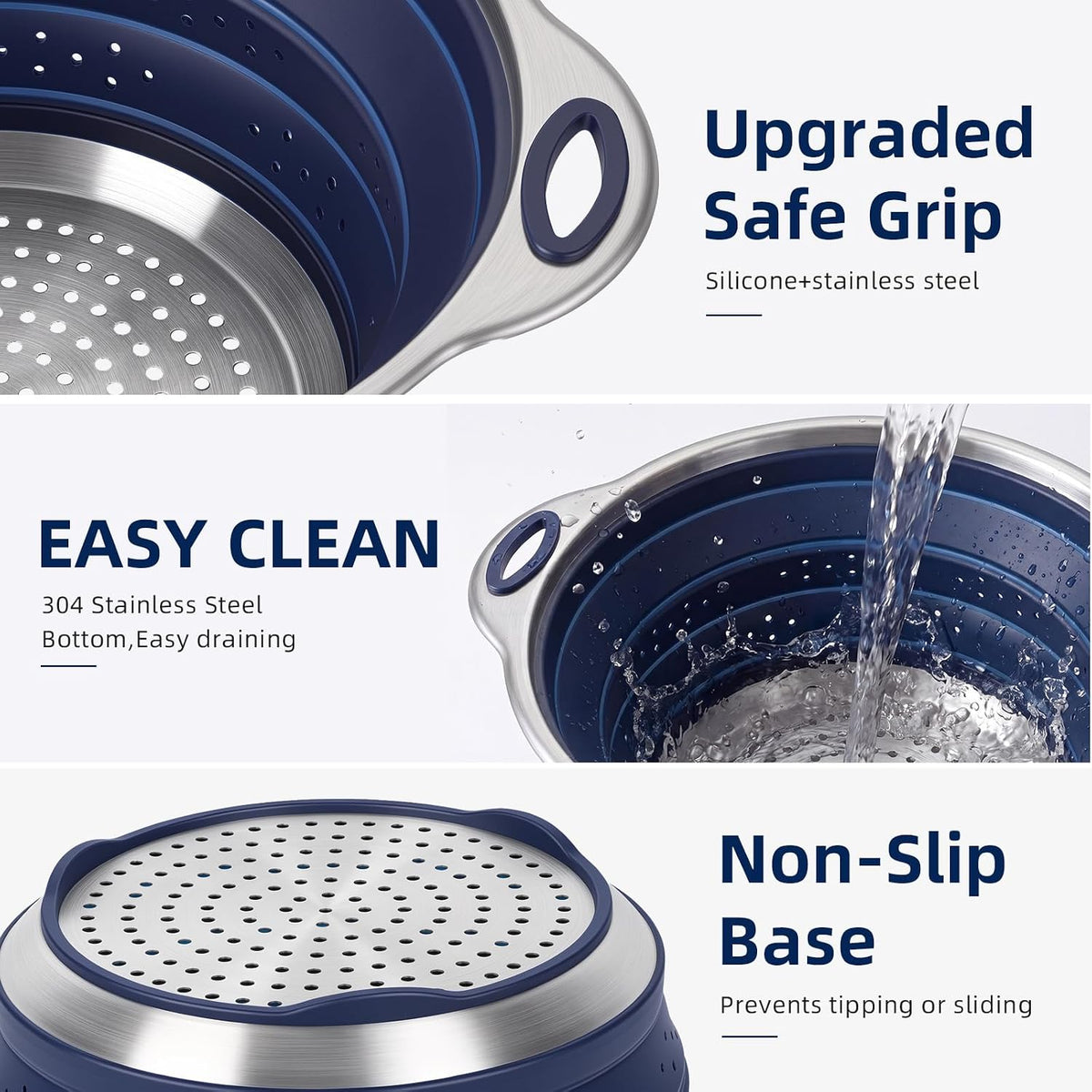 Collapsible Colander Set with Silicone Mat,2-in-1 Stainless Steel Colander for Kitchen, Foldable Metal Colander, Space-Saving for Pasta Veggies Fruit(NAVY BLUE)