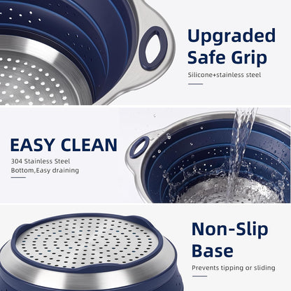 Collapsible Colander Set with Silicone Mat,2-in-1 Stainless Steel Colander for Kitchen, Foldable Metal Colander, Space-Saving for Pasta Veggies Fruit(NAVY BLUE)