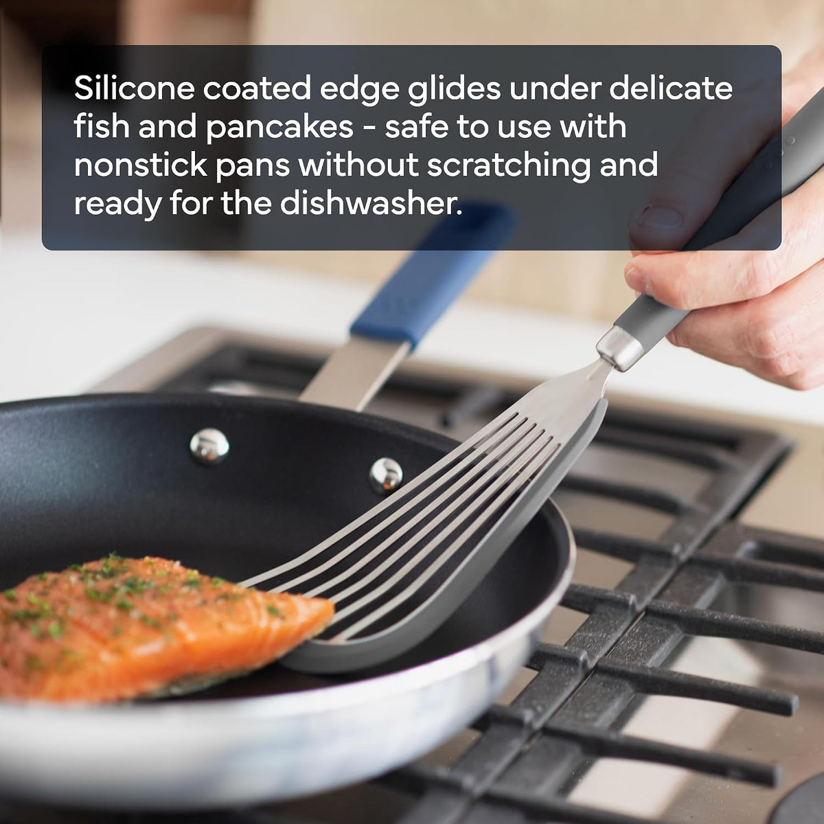 Misen Fish Stainless Steel Spatula - Slotted Turner for Cooking - Perfect for Frying - Heat Resistant - Dishwasher Safe -1mm Thick Flexible Flipper - Soft Silicone Grip Handle for Easy Use