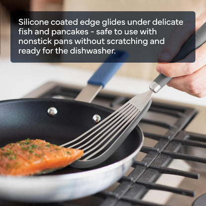 Misen Fish Stainless Steel Spatula - Slotted Turner for Cooking - Perfect for Frying - Heat Resistant - Dishwasher Safe -1mm Thick Flexible Flipper - Soft Silicone Grip Handle for Easy Use