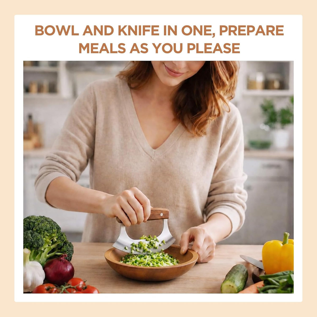 9 Inch Walnut Chopping Bowl and Mezzaluna Knife Set Solid Wood Salad Bowl for Chopping Walnut Herbs Spices Vegetables Eggs Chicken (Round Style)