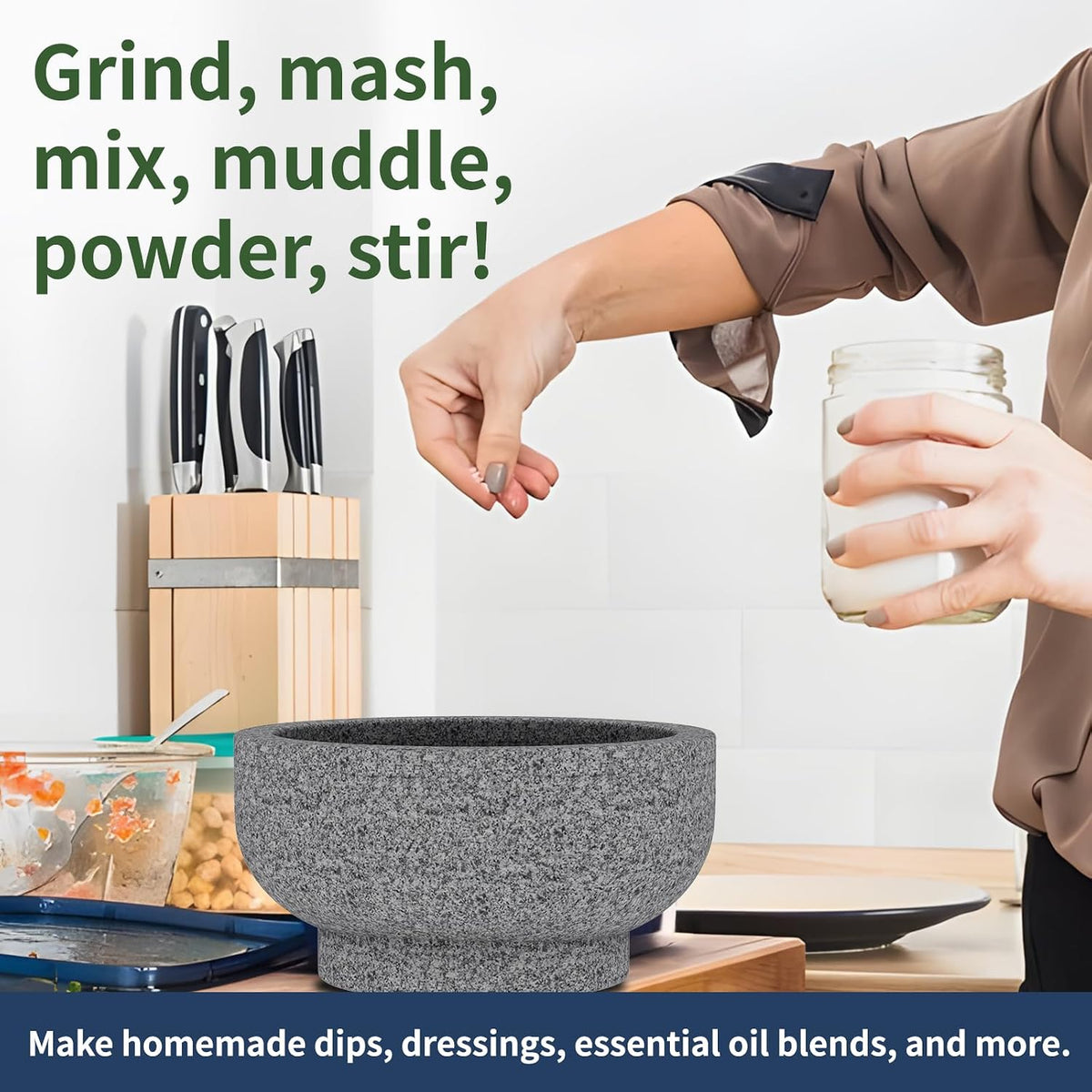 Large Mortar and Pestle Set- 4 Cup Unpolished Granite Bowl Heavy Duty Molcajete Mexicano Guacamole Pastes Pestos Salsa Bowl, Grind Seeds, Herbs, Pills, Kitchen Lab Muddler, Gray, 8 Inches