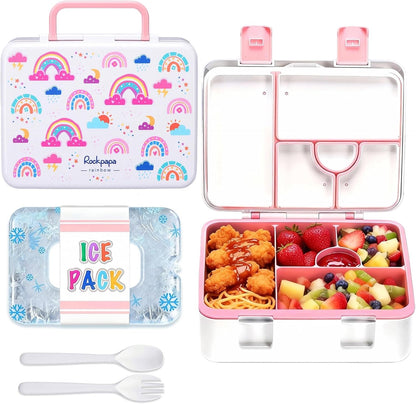 rockpapa Chill Bento Box for Kids- Large 5.5 Cups Lunch Box with Ice Pack - 5 Compartments, BPA-Free, Leak Proof, with Utensils & Portable Handle, Microwave/Dishwasher Safe (Purple Butterfly)