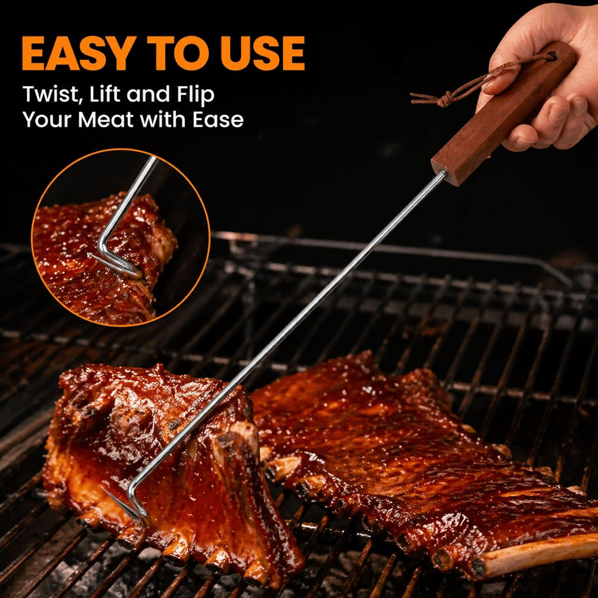YOUEON 4 Pack 17 Inch Pigtail Food Flipper with Wooden Handle, Stainless Steel Meat Hook Turner Grill Tools, BBQ Turner for BBQ Ribs, Steak, Fish, Chicken, Sausage, Vegetables