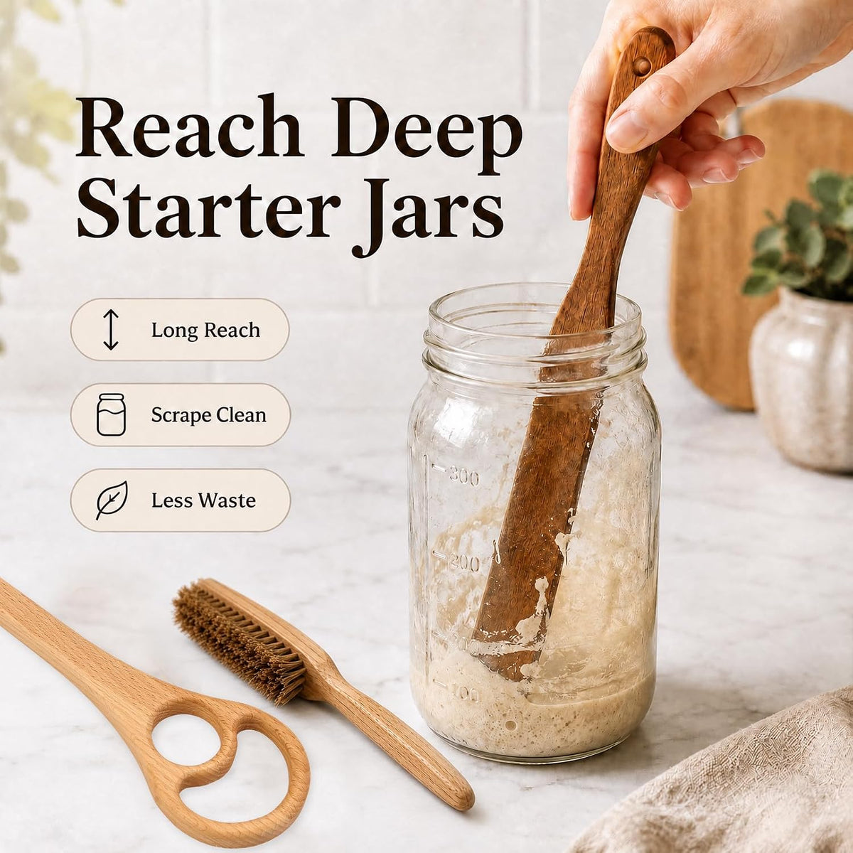 Wooden Danish Dough Whisk, Long Handle Teak Spurtle 3 Pack