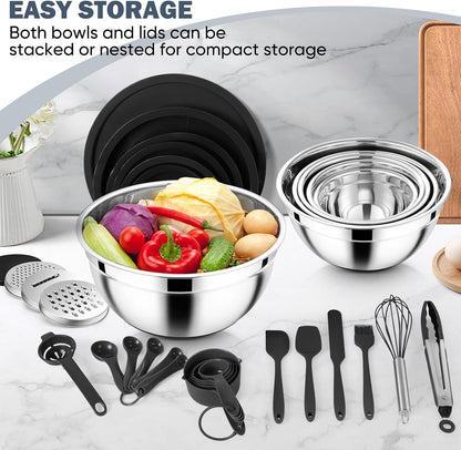 E-far 25PCS Mixing Bowls with Lid Set, Stainless Steel Nesting Prep Bowls with Grater Attachments Non-Slip Bottoms for Cooking, Serving, Food Storage, 4.6/2.6/2/1.5/1/0.7QT - Khaki