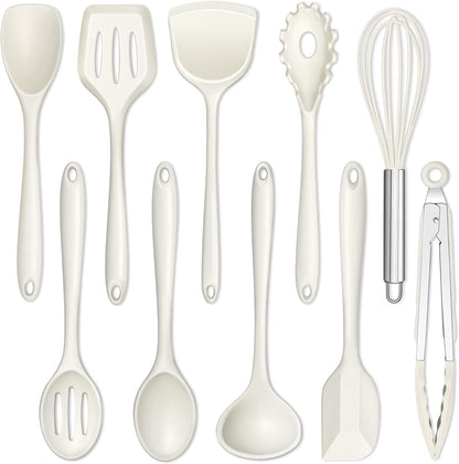 E-far 10 Pieces Silicone Cooking Utensils Set, Heat Resistant Kitchen Utensil Set for Nonstick Cookware, Kitchen Cooking Tools with Spatula, Spoon, Slotted Turner, Non-Toxic & Dishwasher Safe (Khaki)