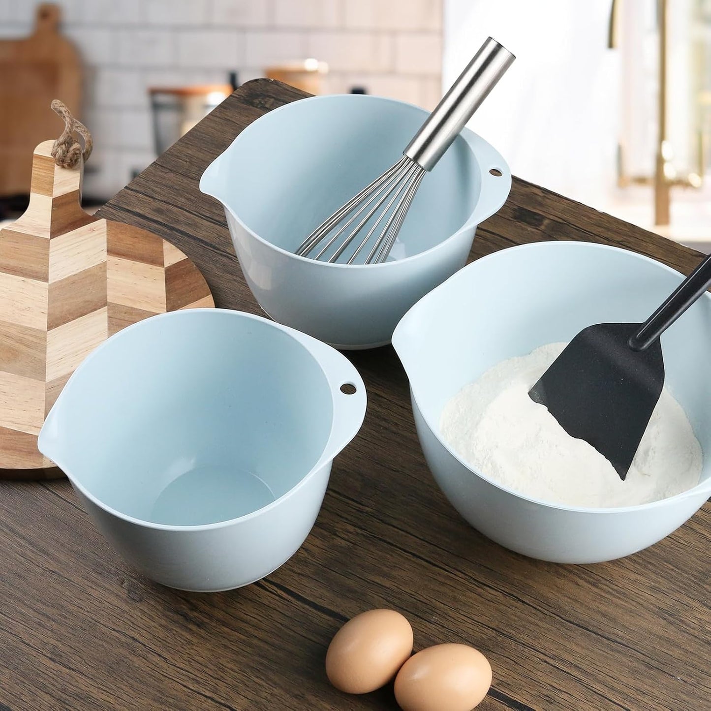 3 Plastic Mixing Bowls with Lids,Pour Spout,TPR Bottom,Mixing Bowl Set,Deep Nesting Small Batter Bowl for Serving,Prep,Baking,Non Slip,Dishwasher Safe,Easy to Grip/Spout,Pale Blue