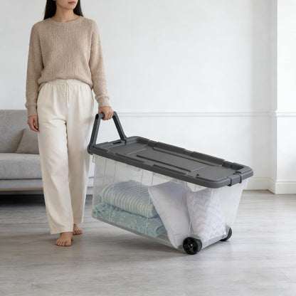 160 Quart Wheeled Storage Bin with Latch Lid, 2-Pack, Extra Large Clear Stackable Tote with Pull Handle, Gray