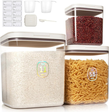 3 Pack Rice Storage Container 11.6 QT/5.8 QT/2.1 QT Flour Dispenser with Measuring Cup and Label Stickers for Kitchen Pantry Organization Storage Bins with Pop-up Lid for Food for Pasta Sugar Cereal