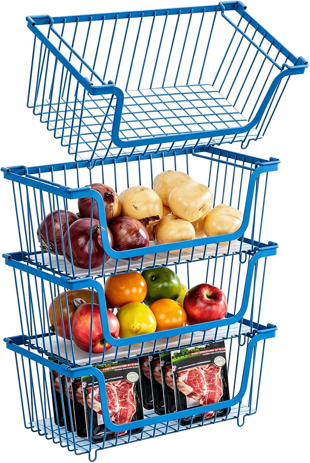 GAOKASE 4 Pcs Stackable Wire Baskets for Pantry Organizers and Storage,Vegetable Fruit Basket for Countertop,Kitchen Storage Metal Baskets,Produce Potato Onion Storage Bin-Black