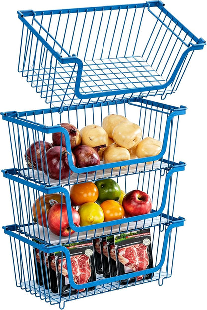GAOKASE 4 Pcs Stackable Wire Baskets for Pantry Organizers and Storage,Vegetable Fruit Basket for Countertop,Kitchen Storage Metal Baskets,Produce Potato Onion Storage Bin-Black