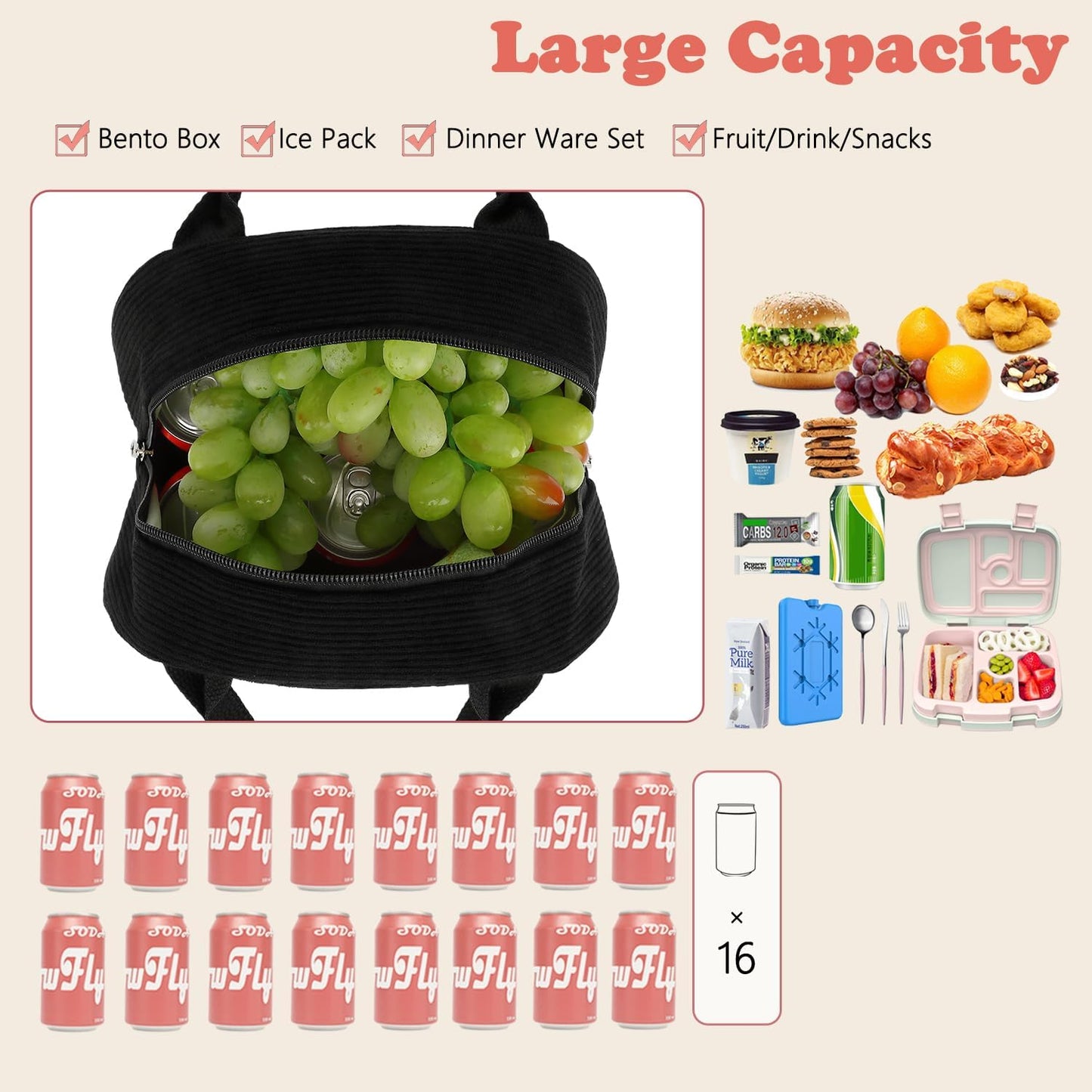 FlowFly Insulated Lunch Cooler Bag - Tote Bag Organizer for Women/Men, Black - Colors B
