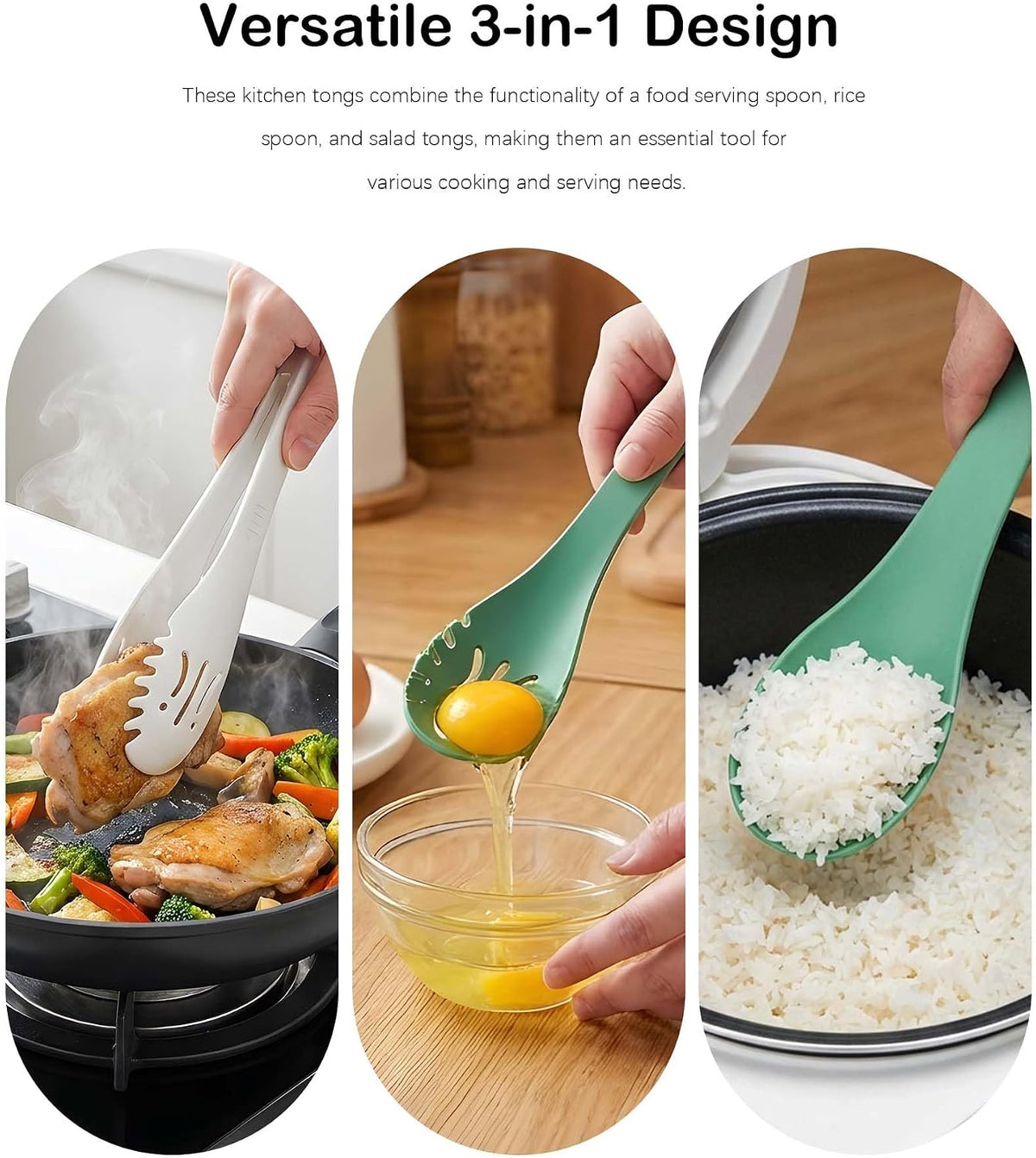 3-in-1 Multi-Functional Kitchen Tongs | Food Serving Spoon & Rice Spoon | Detachable & Easy to Clean | Non-slip Design for Home & Kitchen Daily Use (White)