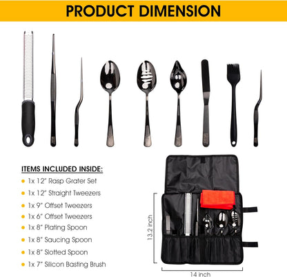 7 Pc Black Plating Tools Culinary Set (Professional Chef Utensils)| Chef Kit with 3 Plating Spoons, 3 Chef Plating Tweezers, Offset Spatula. Bundled with Zester Tool Set and Silicon Basting Brush