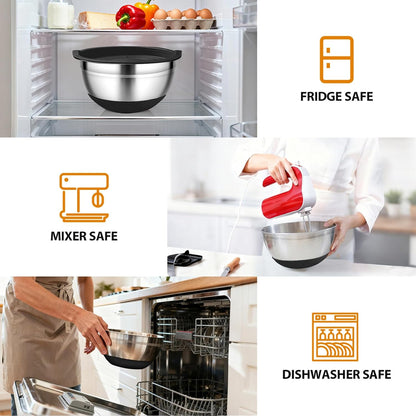 CHAREADA Mixing Bowls with Airtight Lids, 18pcs Stainless Steel Nesting Mixing Bowls Set Non-slip Silicone Bottom, Size 4.5, 3.6, 2.7, 2.1, 1.7, 1.1, 0.7 qt, Fit for Mixing & Serving(Colorful)